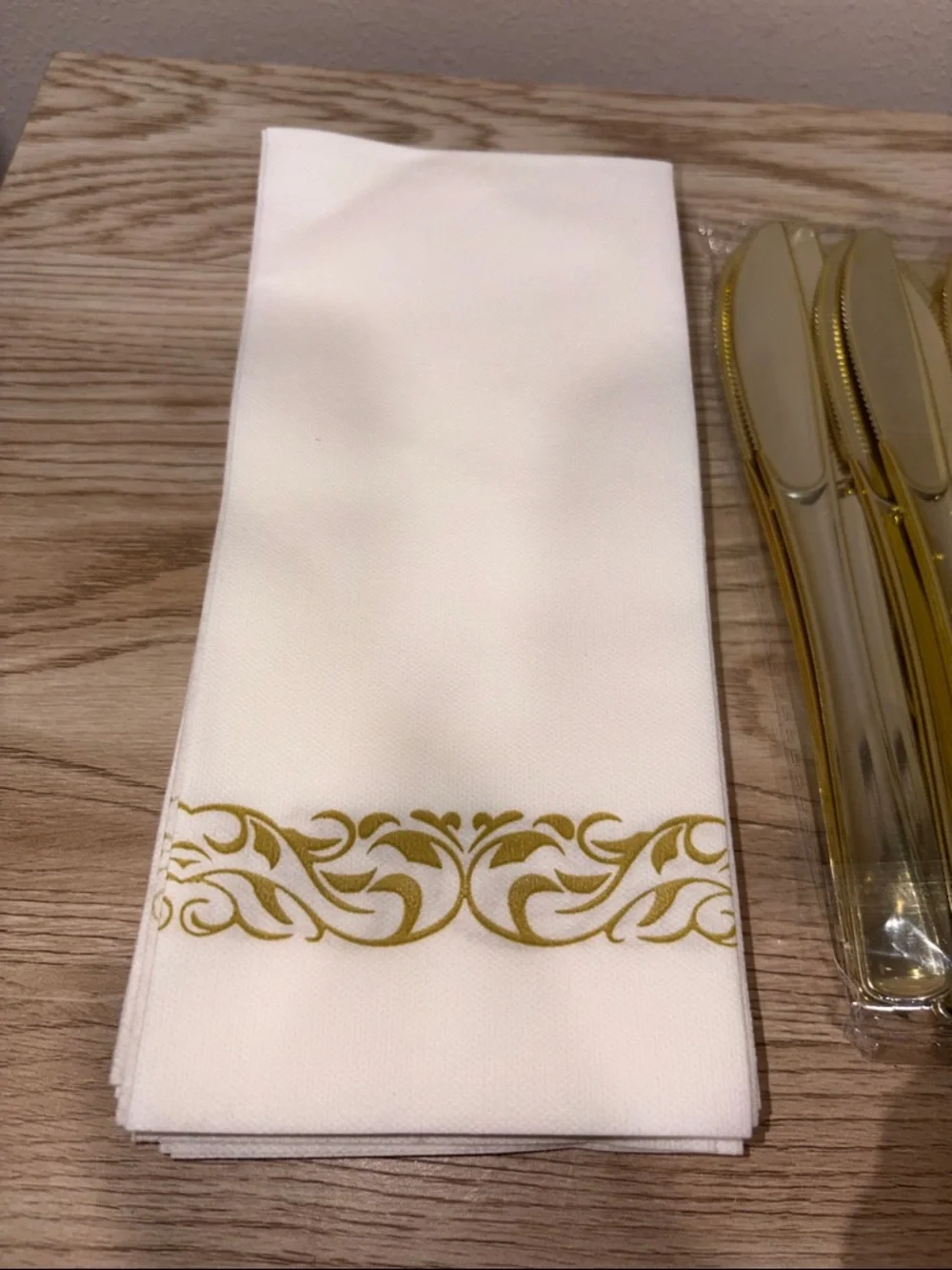 Elegant White and Gold Scalloped Paper Plates with Matching Cutlery and Napkins